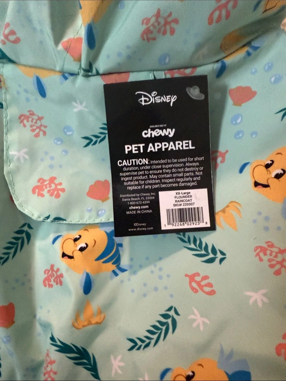 New XX large Disney Light Teal rain coat with Yellow Fish Print for dogs